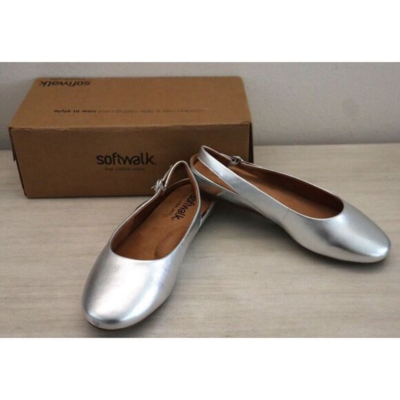 SoftWalk S2119-040Women's Sz 9.5WW Silver Metallic Sandy Ankle Strap Flats - Picture 2 of 13